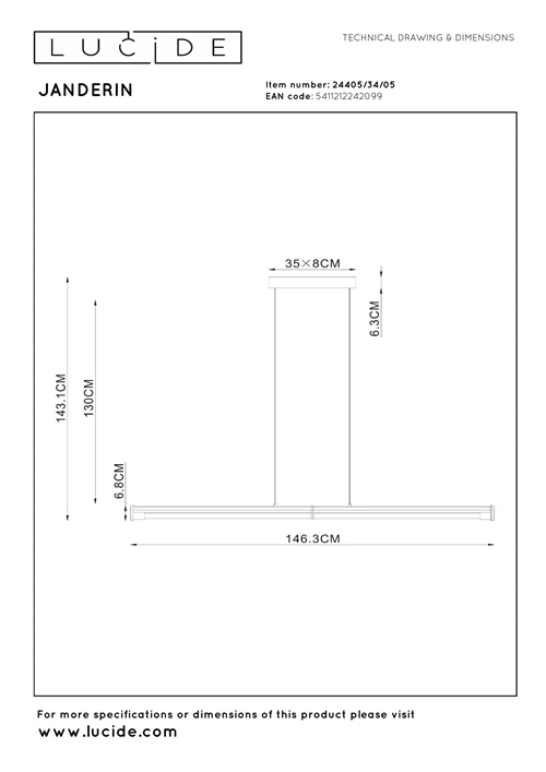 Lucide JANDERIN - Pendant light - LED Dim. - CCT - 2x16,5W 2200K/3300K - Hand Wave Sensor - Champagne Color | Vibes - technical
